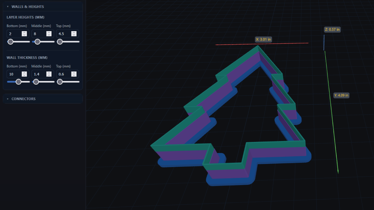Walls & Heights panel with Bottom, Middle, and Top controls in millimeters